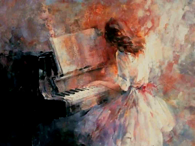 Woman Playing Piano — White, Dramatic, Painting
