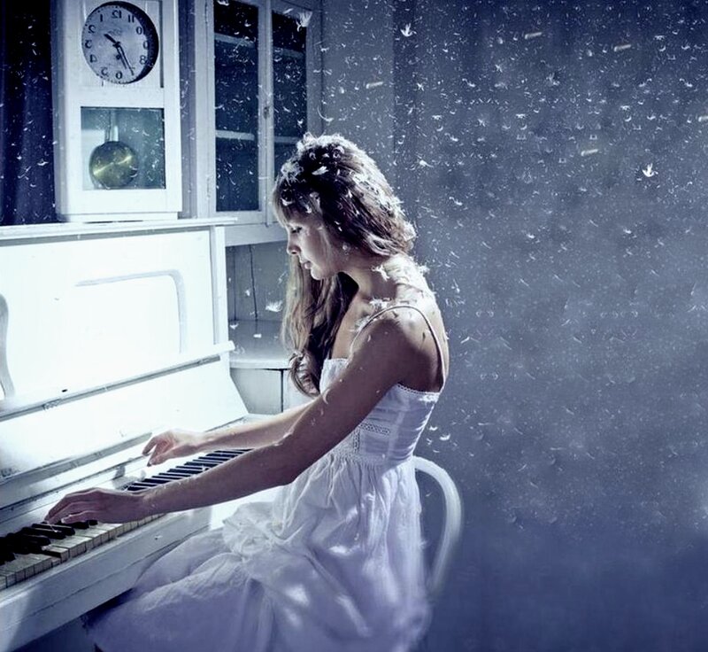 Woman Playing Piano — White, Dramatic