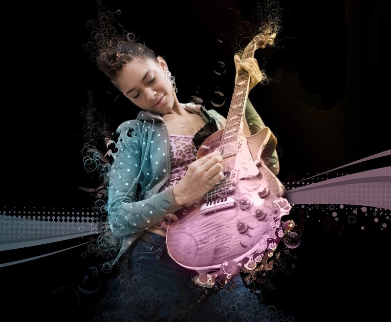 woman playing pink electric guitar