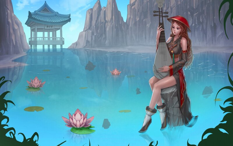 Woman Playing Pipa — Blue, Serene