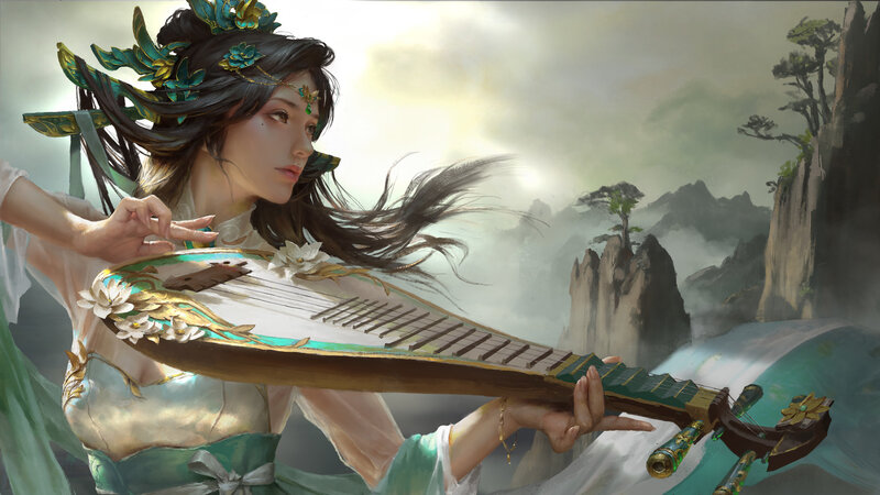 Woman Playing Pipa — Green