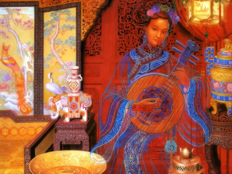Woman playing pipa in ornate room