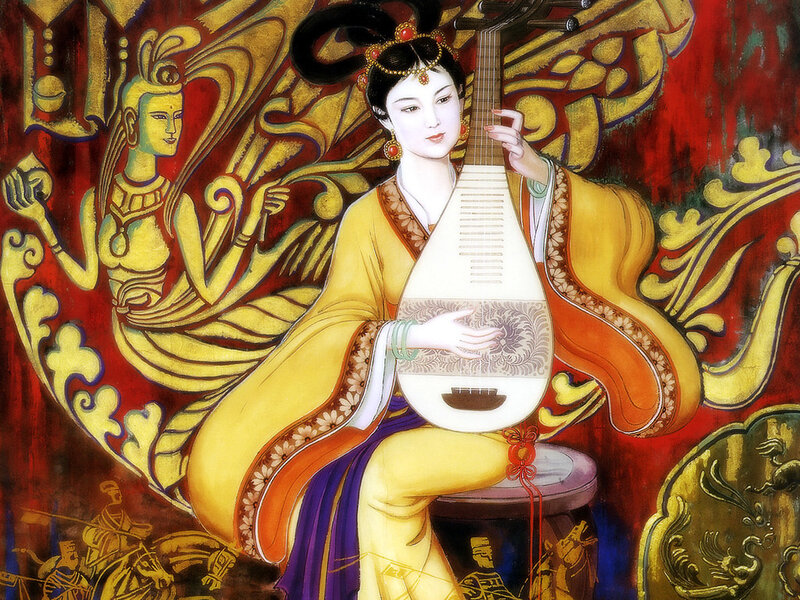 Woman playing pipa in traditional art