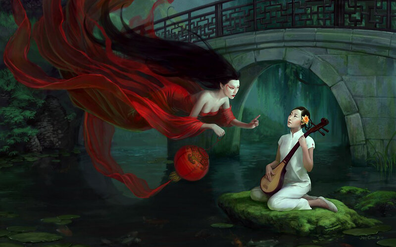 Woman Playing Pipa on Rock — Green