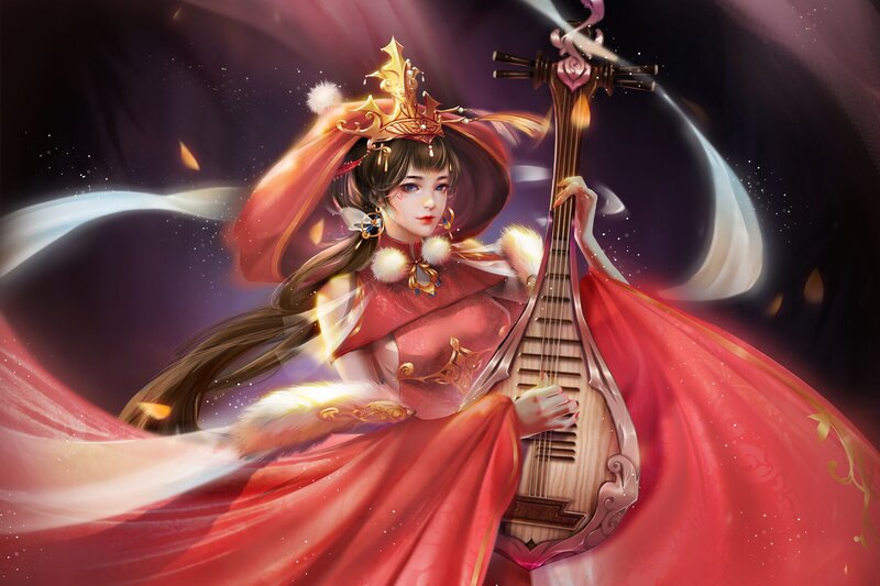 Woman Playing Pipa — Red, Dramatic, Night