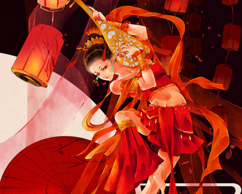 Woman Playing Pipa — Red, Dramatic