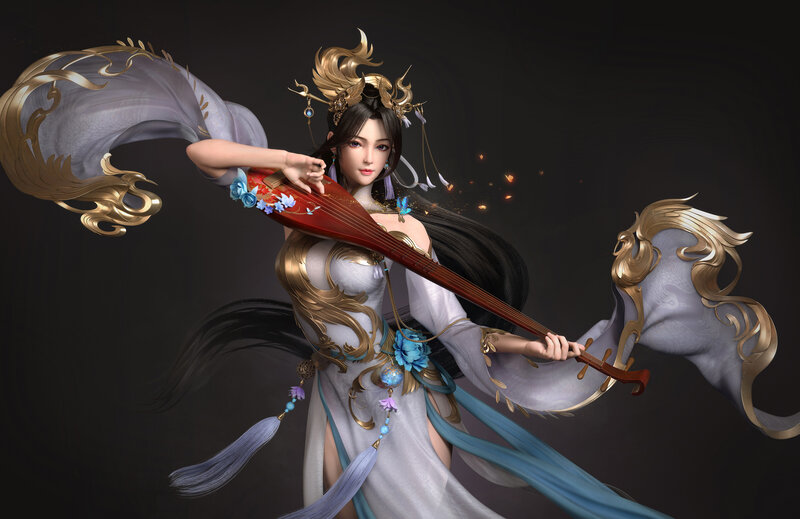 Woman Playing Pipa — White, Dramatic