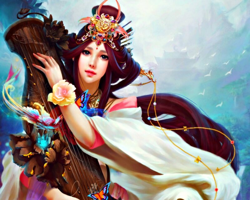 Woman Playing Pipa — White, Serene