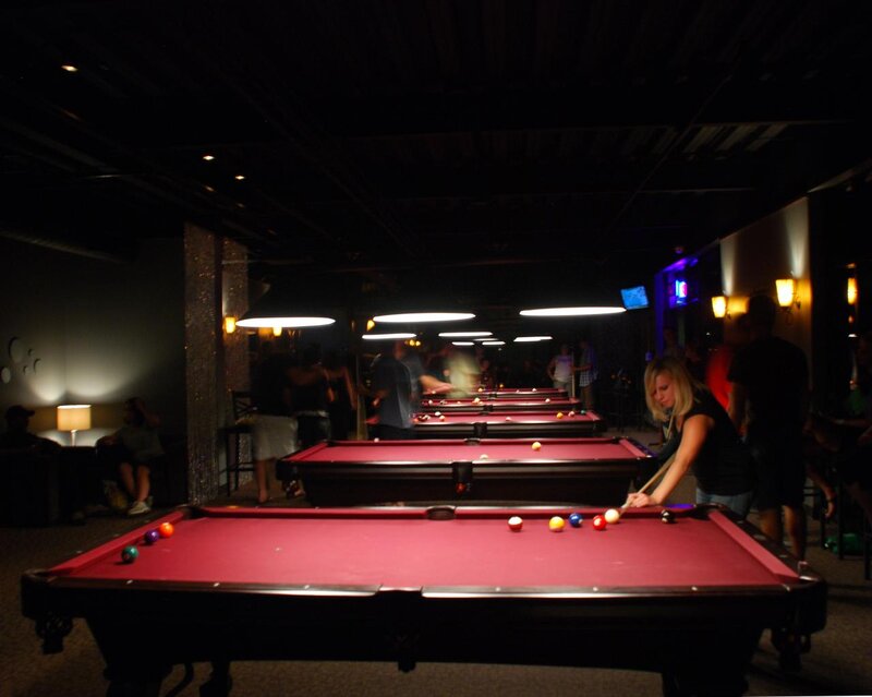 Woman Playing Pool — Red, Dark