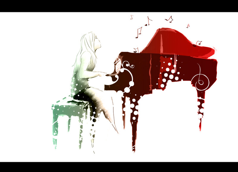 woman playing red piano
