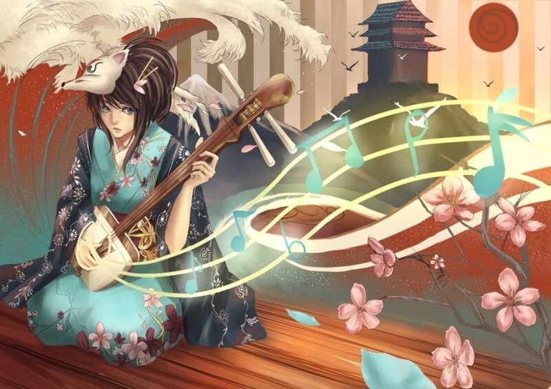 Woman Playing Shamisen — Blue