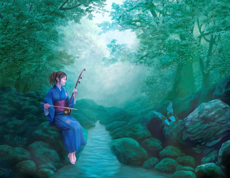 Woman Playing Shamisen — Green