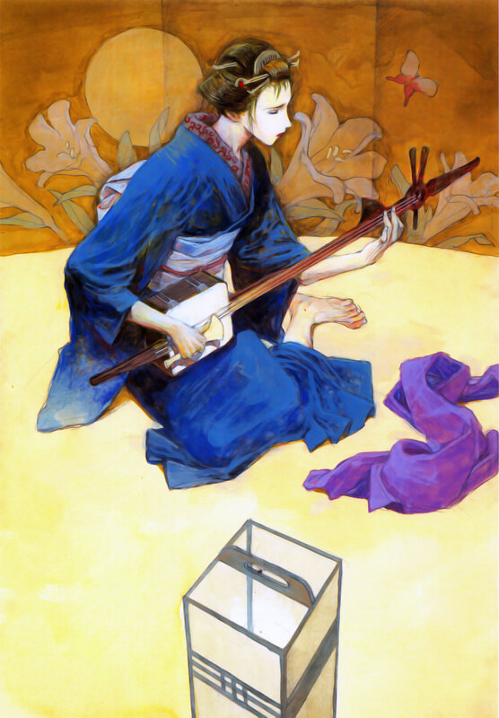 Woman playing shamisen in traditional attire