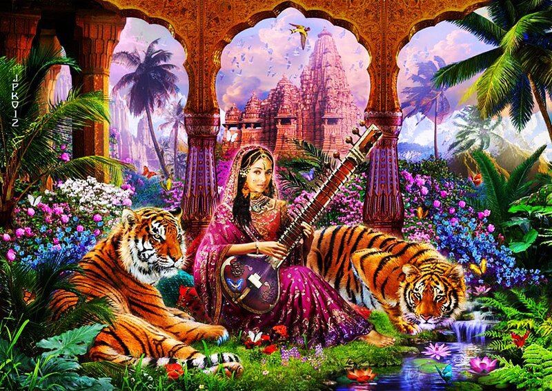 Woman Playing Sitar with Tigers — Purple