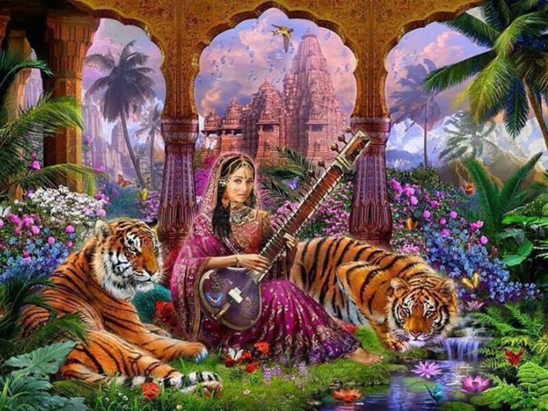 Woman Playing Sitar with Tigers