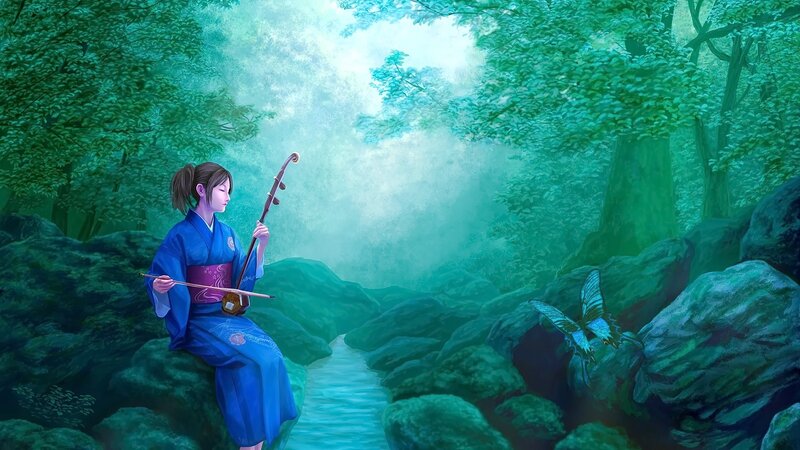 Woman Playing String Instrument — Blue, Serene, Morning