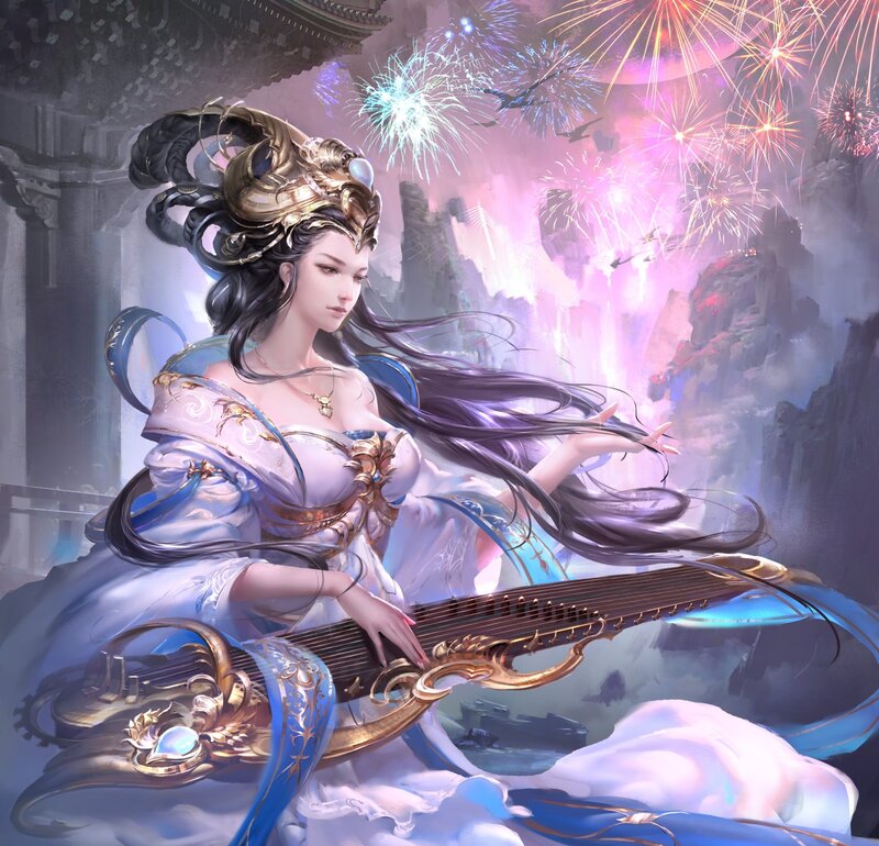 Woman Playing Stringed Instrument — Blue, Dramatic