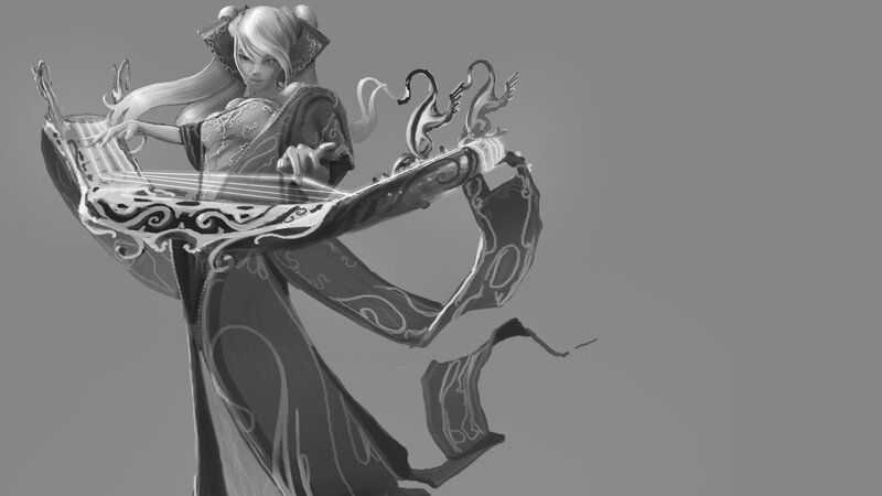 Woman Playing Stringed Instrument — Gray, Dramatic