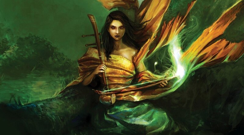 Woman Playing Stringed Instrument — Green, Dramatic