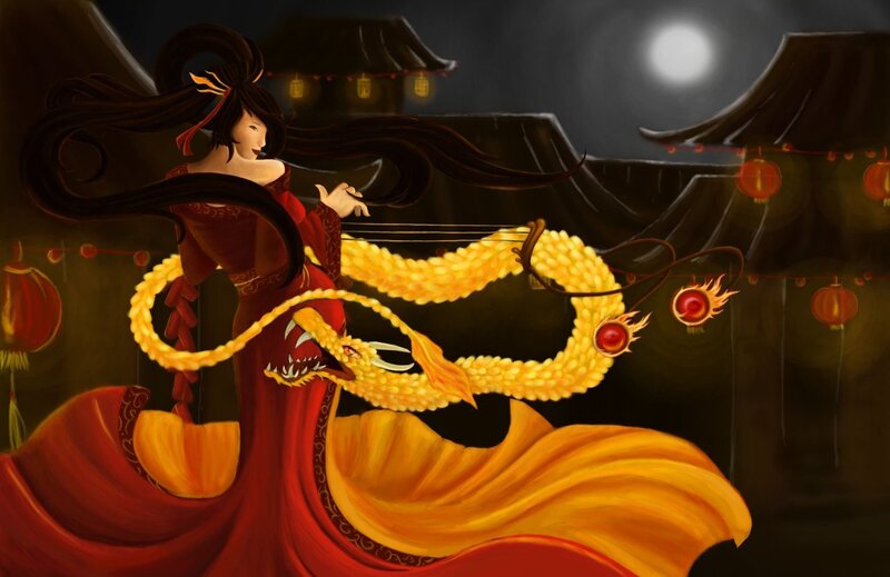Woman Playing Stringed Instrument — Red, Dramatic