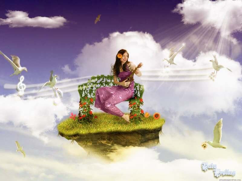woman playing ukulele in sky