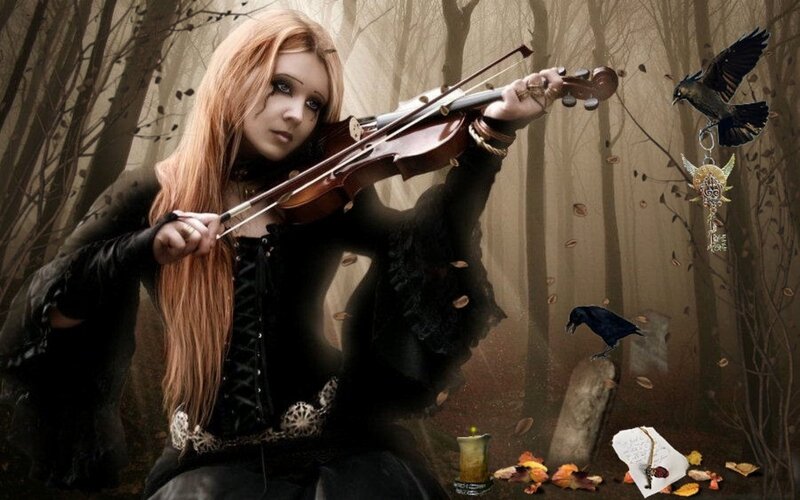 Woman Playing Violin — Black, Dramatic, Autumn, Digital Art, Crow