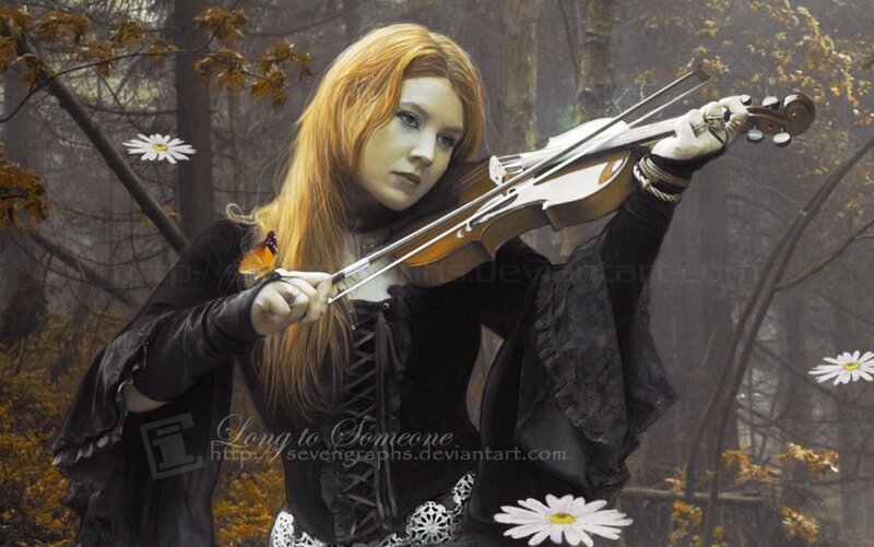 Woman Playing Violin — Black, Dramatic, Autumn, Digital Art