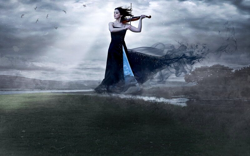 Woman Playing Violin — Black, Dramatic, Digital Art, Birds