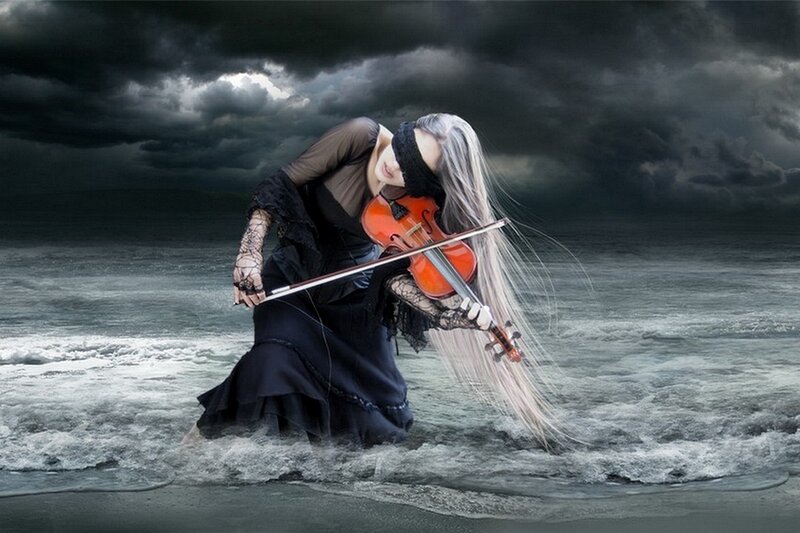 Woman Playing Violin — Black, Dramatic, Digital Art, Black Dress