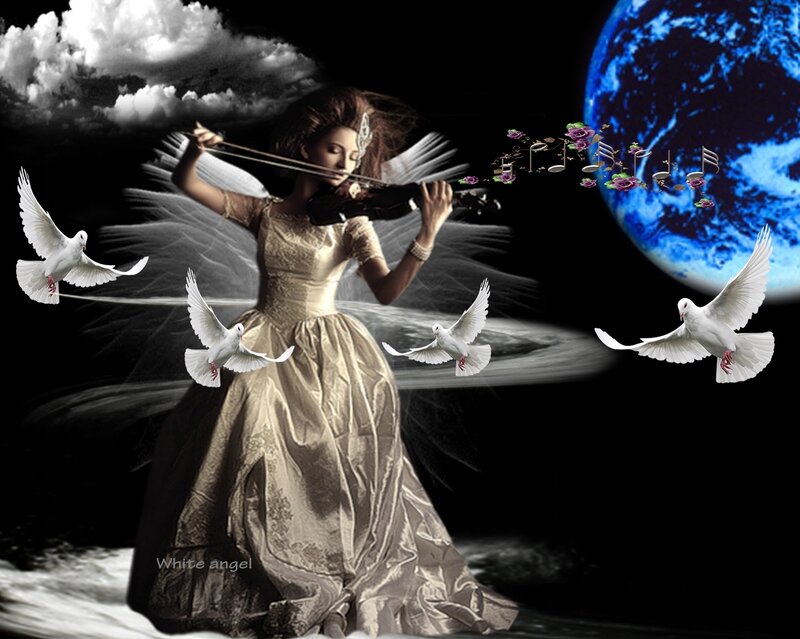 Woman Playing Violin — Black, Dramatic, Digital Art, Doves