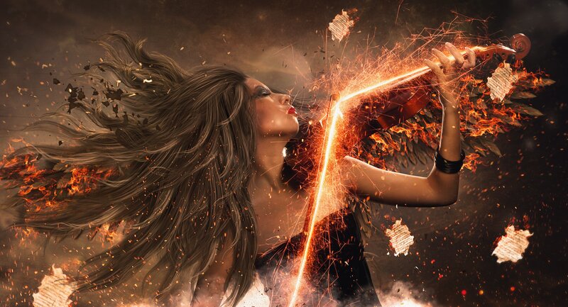 Woman Playing Violin — Black, Dramatic, Digital Art, Fire, Sparks