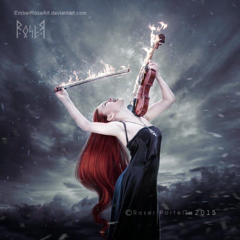 Woman Playing Violin — Black, Dramatic, Digital Art, Fire