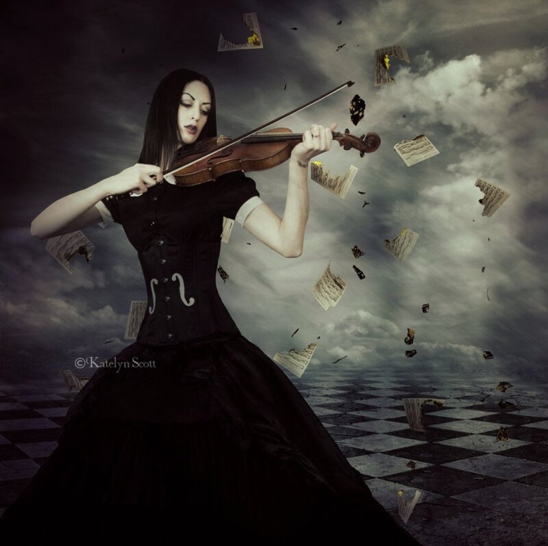 Woman Playing Violin — Black, Dramatic, Digital Art, Music Sheets