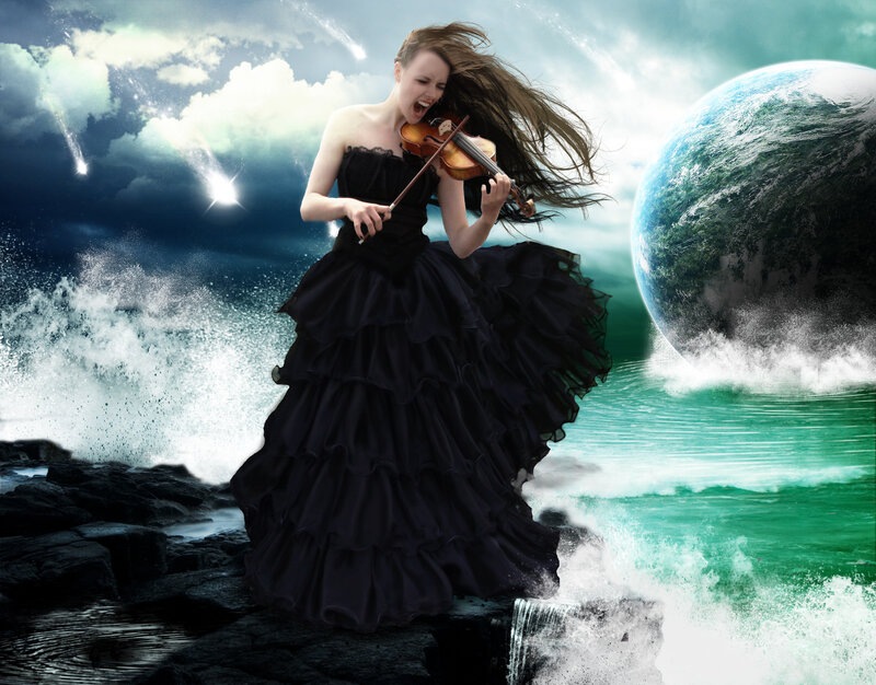 Woman Playing Violin — Black, Dramatic, Digital Art, Planet