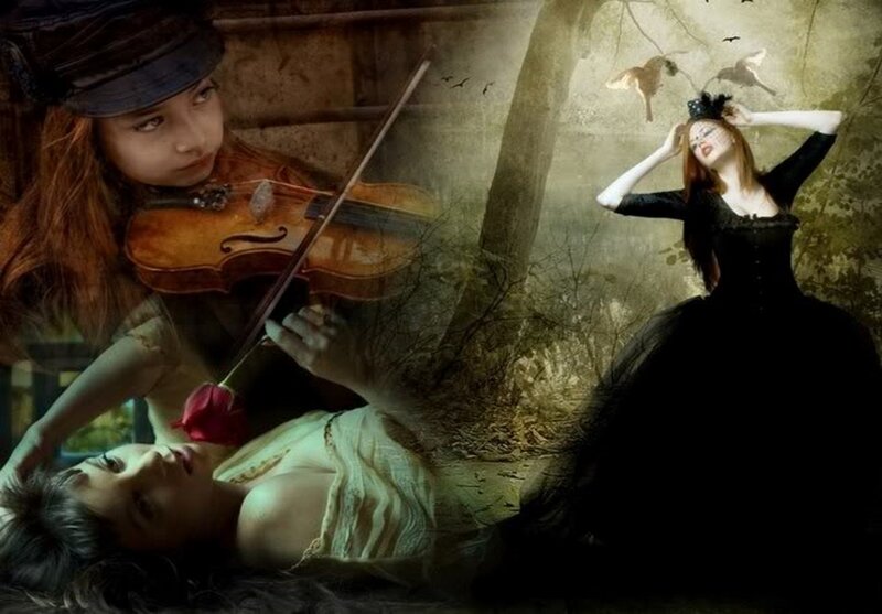 Woman Playing Violin — Black, Dramatic, Digital Art, Rose
