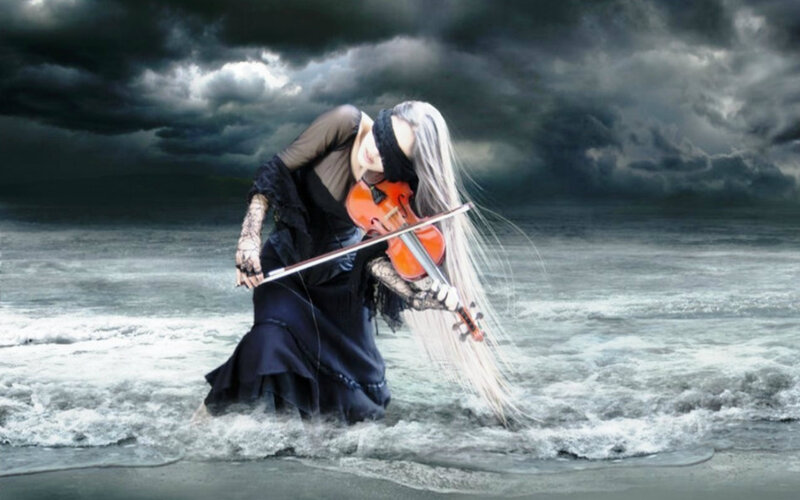 Woman Playing Violin — Black, Dramatic, Digital Art, Stormy Sky, Ocean