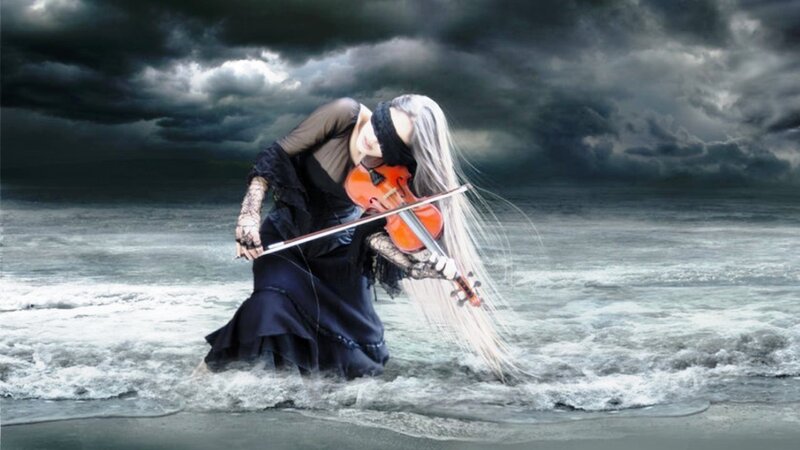 Woman Playing Violin — Black, Dramatic, Digital Art, Stormy Sky