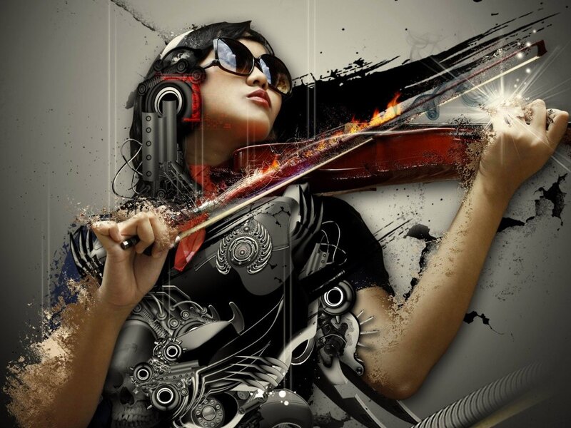 Woman Playing Violin — Black, Dramatic, Digital Art, Sunglasses