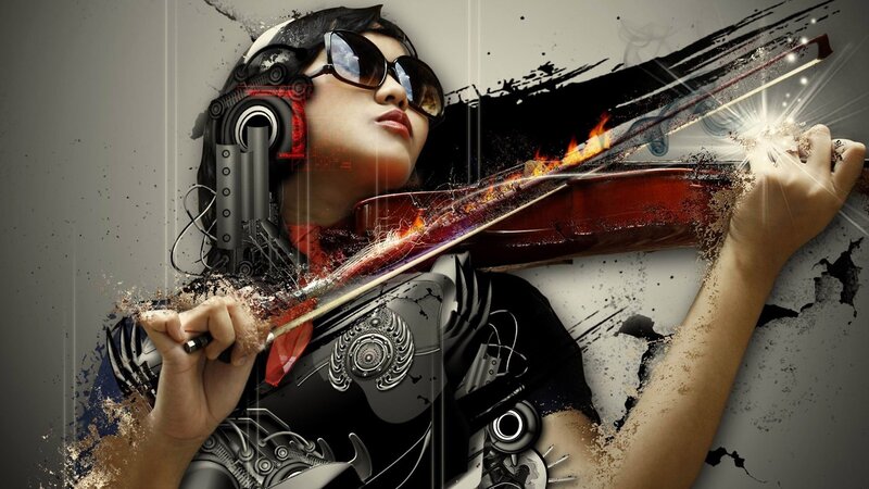 Woman Playing Violin — Black, Dramatic, Digital Art