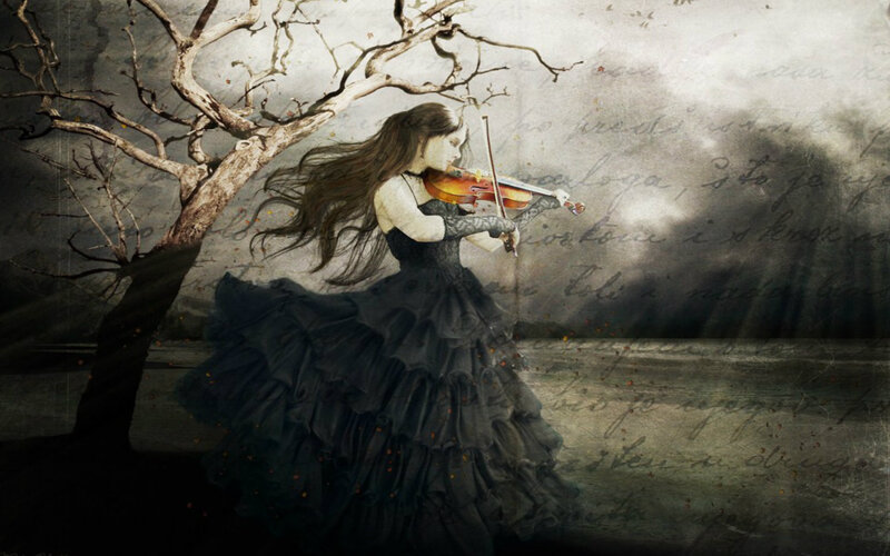 Woman Playing Violin — Black, Dramatic, Digital Art, Tree