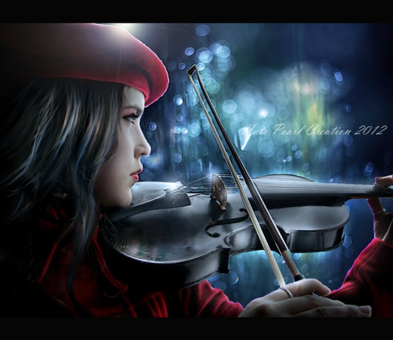 Woman Playing Violin — Black, Dramatic, Night, Digital Art, Bow