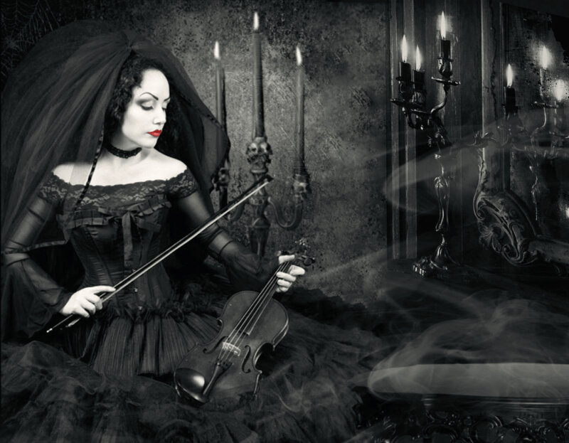 Woman Playing Violin — Black, Dramatic, Night, Digital Art, Candlelight