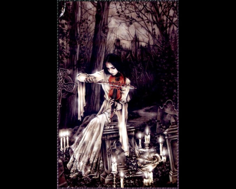 Woman Playing Violin — Black, Dramatic, Night, Digital Art, Candles