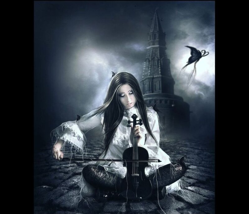 Woman Playing Violin — Black, Dramatic, Night, Digital Art, Castle