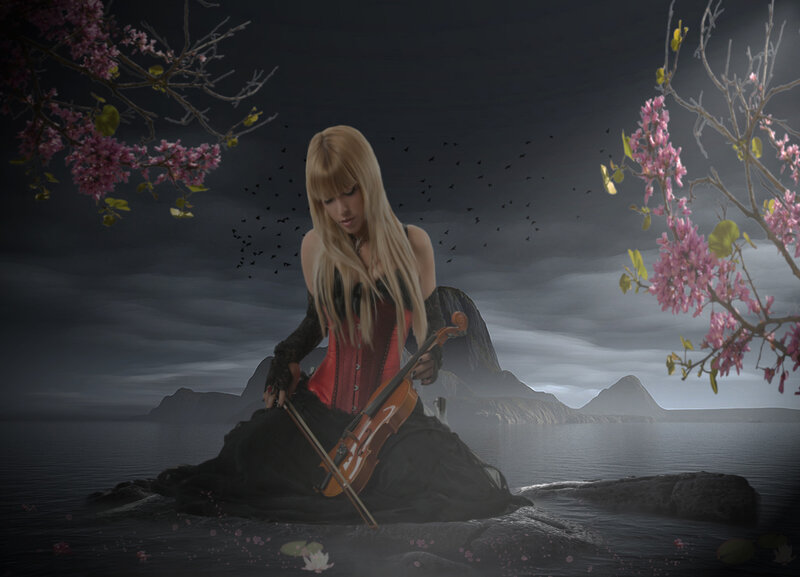 Woman Playing Violin — Black, Dramatic, Night, Digital Art, Cherry Blossoms