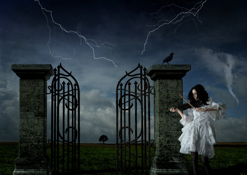 Woman Playing Violin — Black, Dramatic, Night, Digital Art, Crow, Gate
