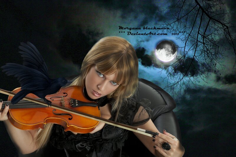 Woman Playing Violin — Black, Dramatic, Night, Digital Art, Crow, Moon