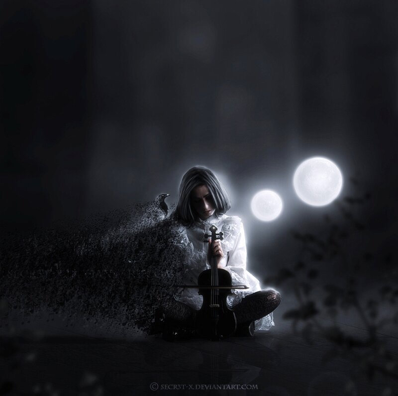Woman Playing Violin — Black, Dramatic, Night, Digital Art, Crow