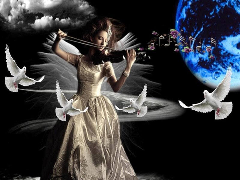 Woman Playing Violin — Black, Dramatic, Night, Digital Art, Doves