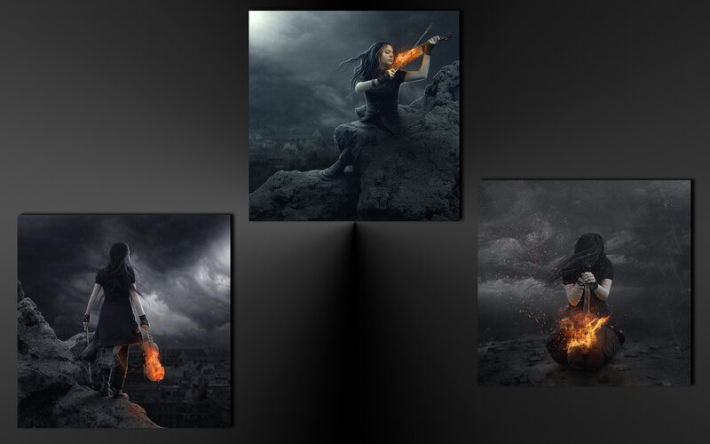 Woman Playing Violin — Black, Dramatic, Night, Digital Art, Fire